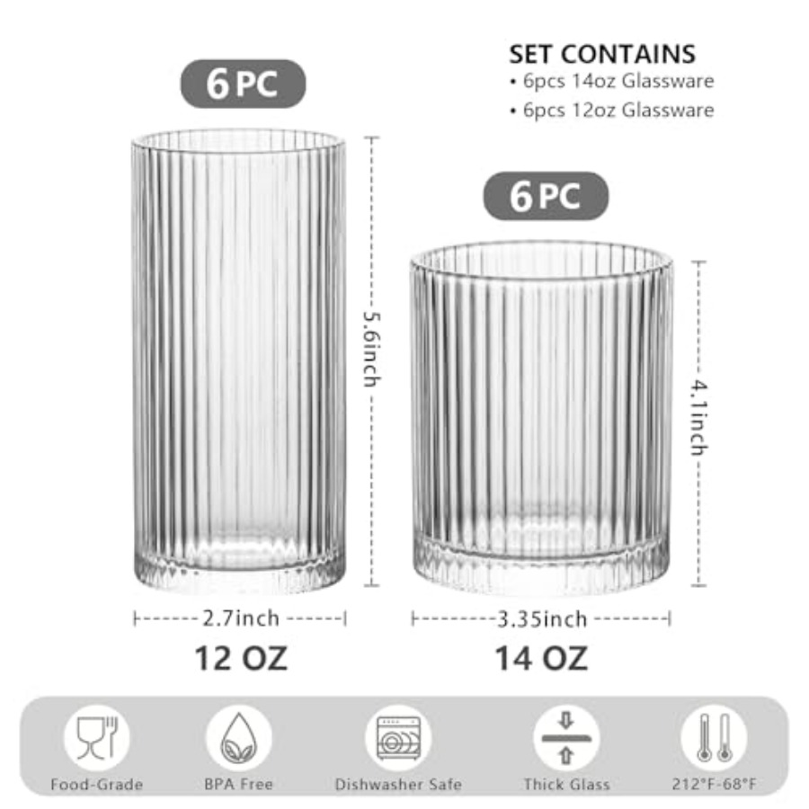 12Piece Ribbed Glassware Set w - đánh giá và giá Highball Glass Set